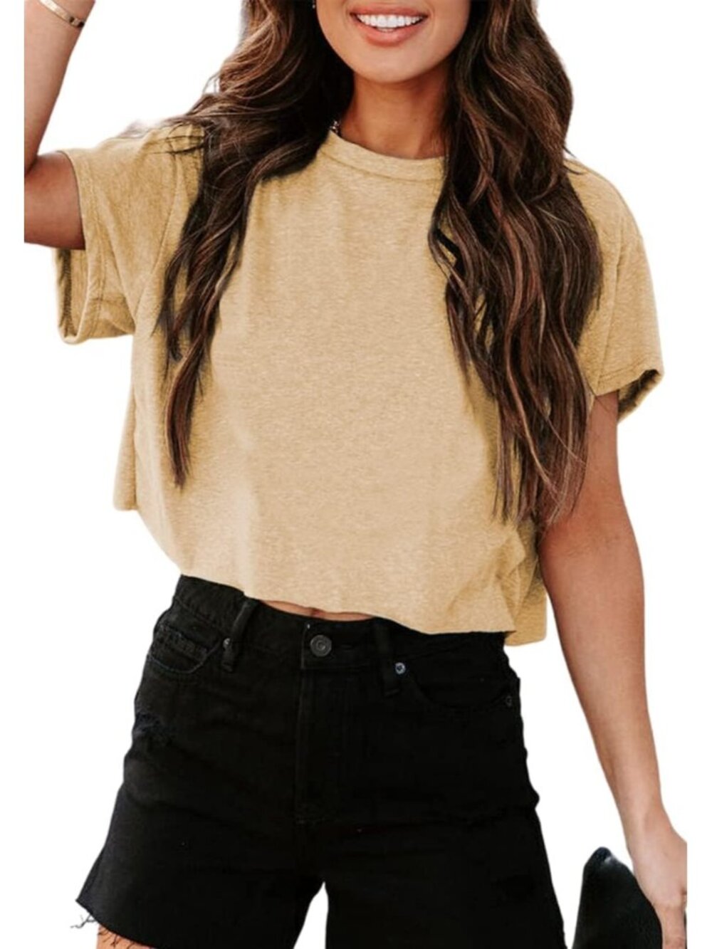 Women's Khaki Short Sleeve Crew Neck Loose Casual Drop Shoulder Crop Tops